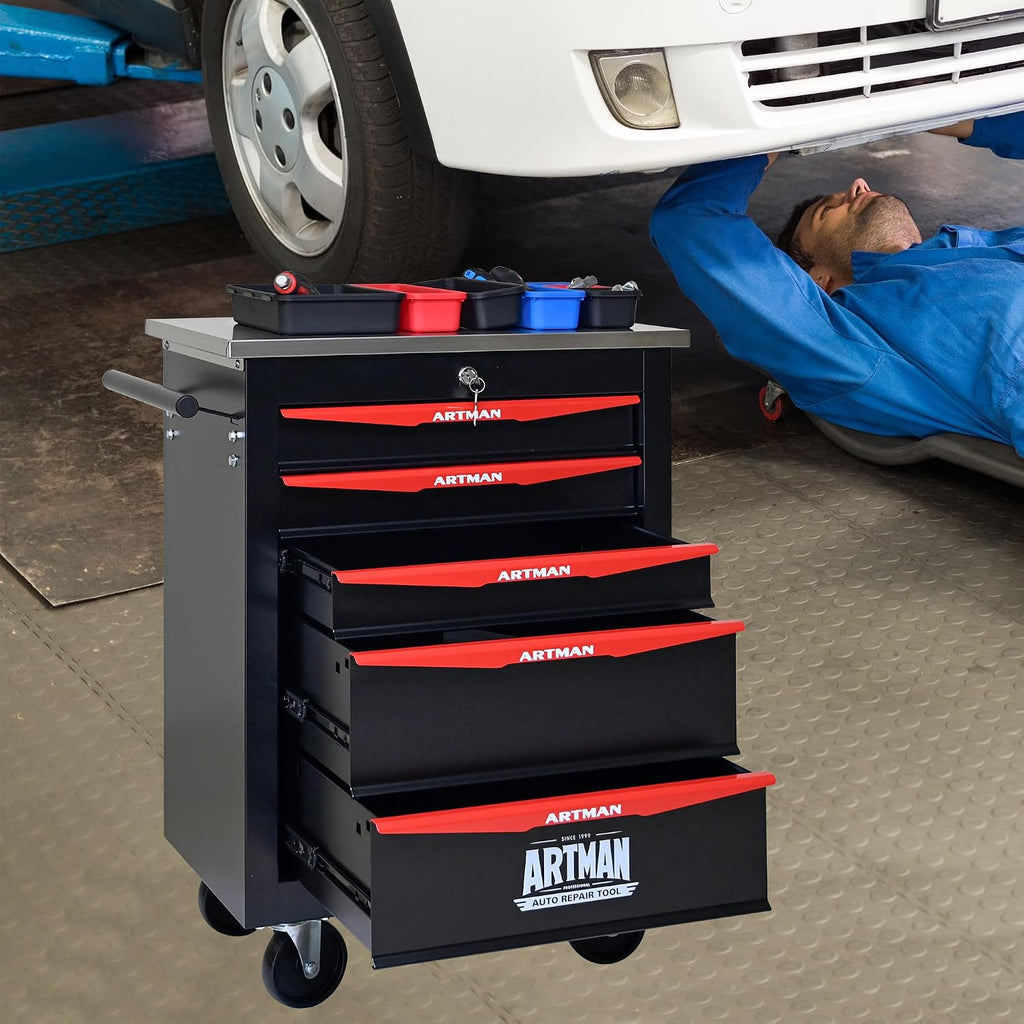5 Drawers Tool Cart on Wheels with Stainless Steel Worktop, Heavy Duty Mobile Rolling Drawer Tool Chest with Locking Wheels & Lockable Drawers, Garage Tool Storage Cabinet (Black, 5 Drawers)