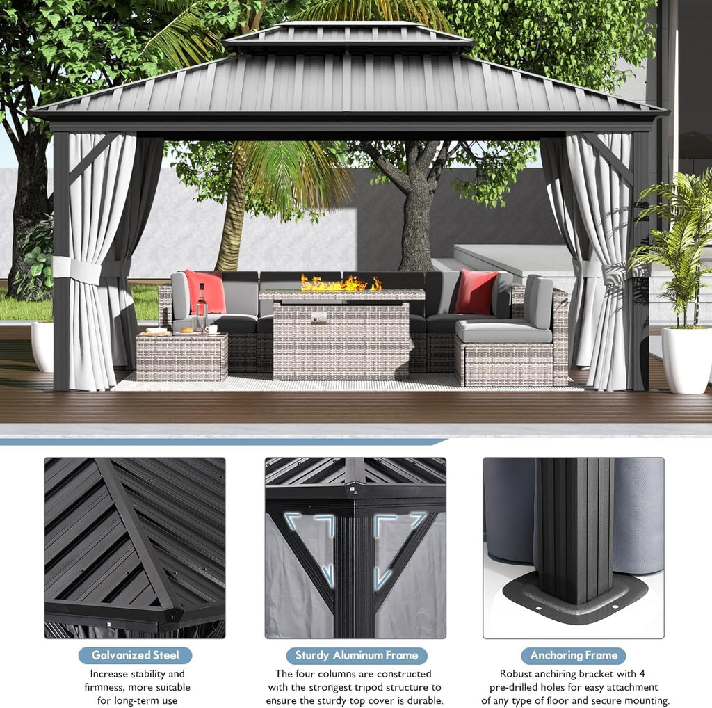 oneinmil Hardtop Gazebo 12FT X 16FT, Outdoor Pergolas with Mosquito Netting and Curtains, Galvanized Steel Double Roof Permanent Aluminum Gazebo, for Gardens, Decks, Patios, Parties