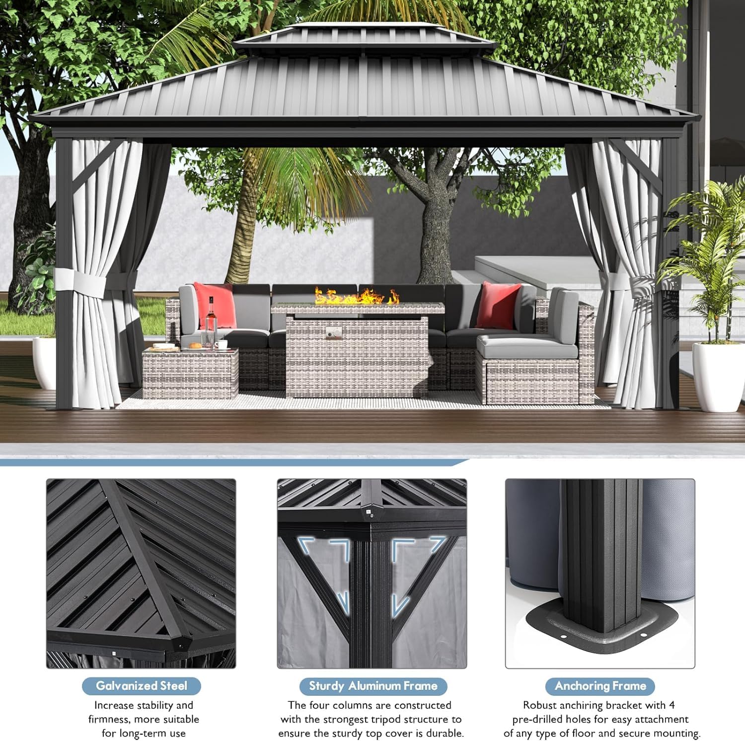 oneinmil Hardtop Gazebo 12FT X 16FT, Outdoor Pergolas with Mosquito Netting and Curtains, Galvanized Steel Double Roof Permanent Aluminum Gazebo, for Gardens, Decks, Patios, Parties