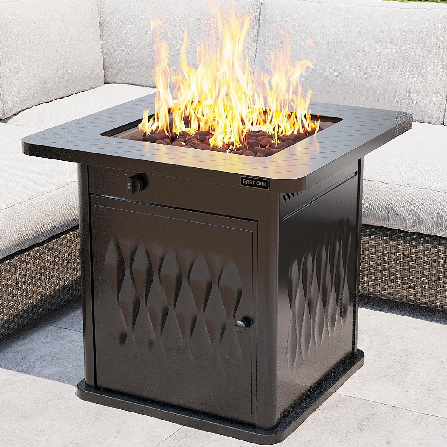 EAST OAK 28'' Steel Propane Fire Pit Table, 50,000 BTU CSA Certified Fire Table with Magnetic Lid, Steel Gas FirePit for Outdoor and Garden, Cover-Storage Basket and Lava Rock , Chocolate Coffee