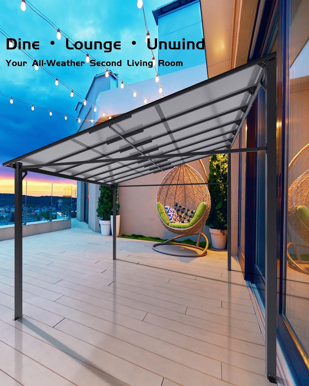 12'x 14'Wall Mounted Gazebo, Hardtop Lean-to Pergola with Polycarbonate Roof, Heavy Duty Outdoor Patio Awnings for Deck, Porch, Backyard, Garden, Weather Resistant, Brown