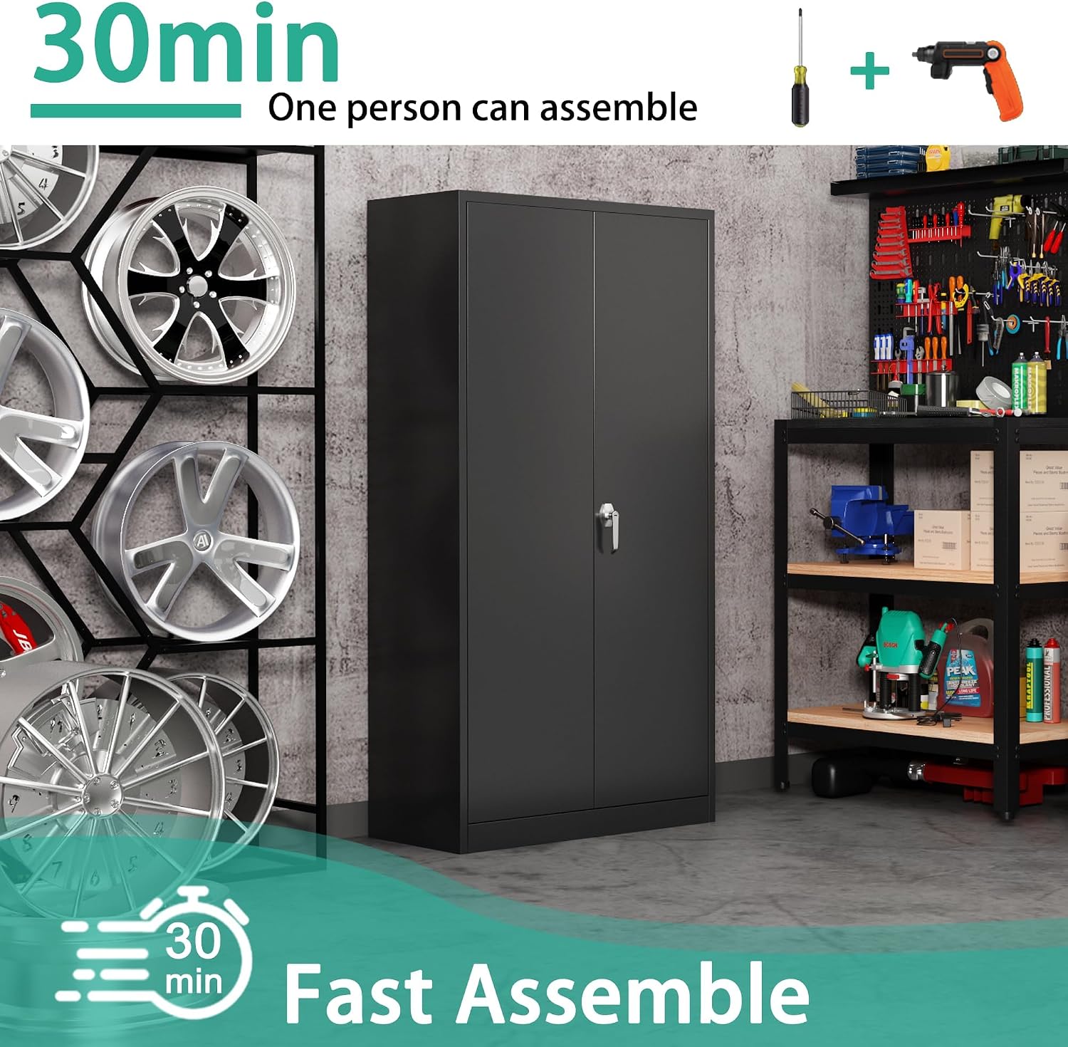 Black Metal Storage Cabinet with Door, Locking Steel Cabinet with 4 Adjuestable Shelves, Tall Lockable Garage Tool Storage Cabinet for Home, Office, Pantry, Assembly Required