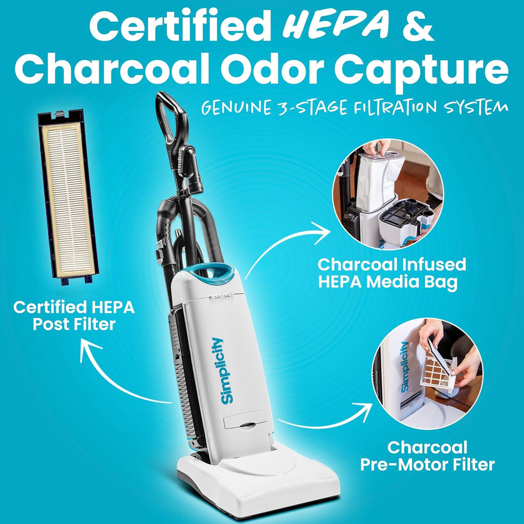 Premium Allergy Upright Vacuum Cleaner – Multi-Surface Bagged Vacuum Cleaner for Home with Charcoal HEPA Filter Media, Powerful Pet Hair Pickup, Brushroll Activation Switch, S26