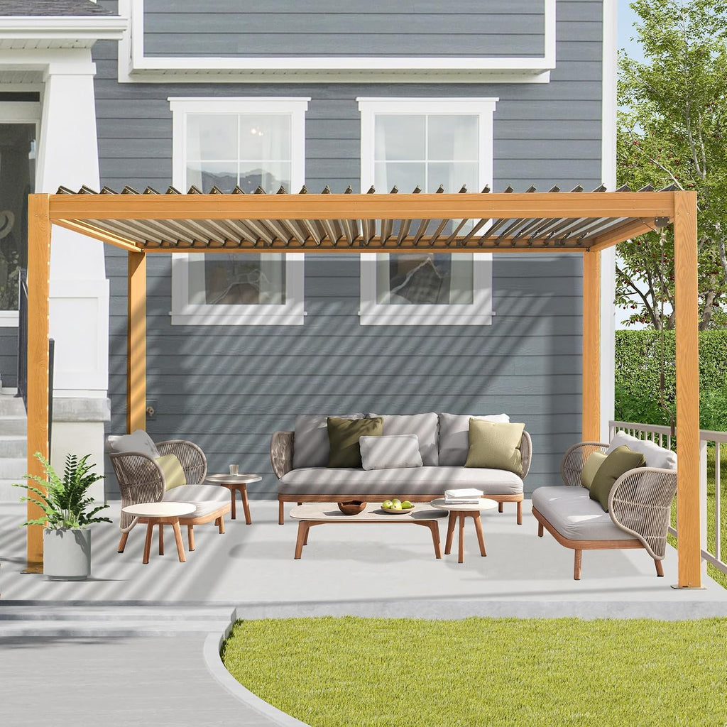 Domi Outdoor Pergola 10' x 13' Aluminum Louvered Pergola with Adjustable Roof, Wood Grain Aluminum Frame, Efficient Drainage System for Patio, Deck, Garden