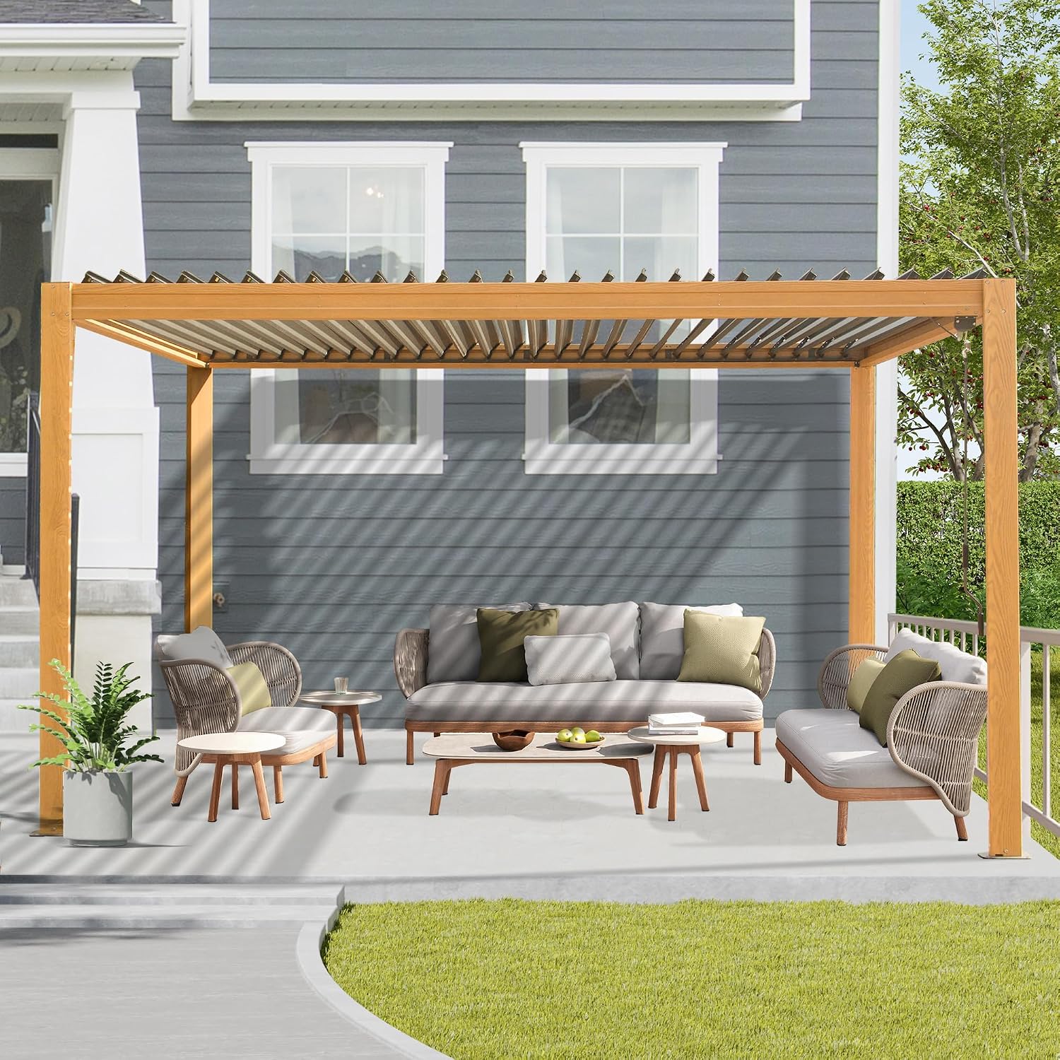 Domi Outdoor Pergola 10' x 13' Aluminum Louvered Pergola with Adjustable Roof, Wood Grain Aluminum Frame, Efficient Drainage System for Patio, Deck, Garden