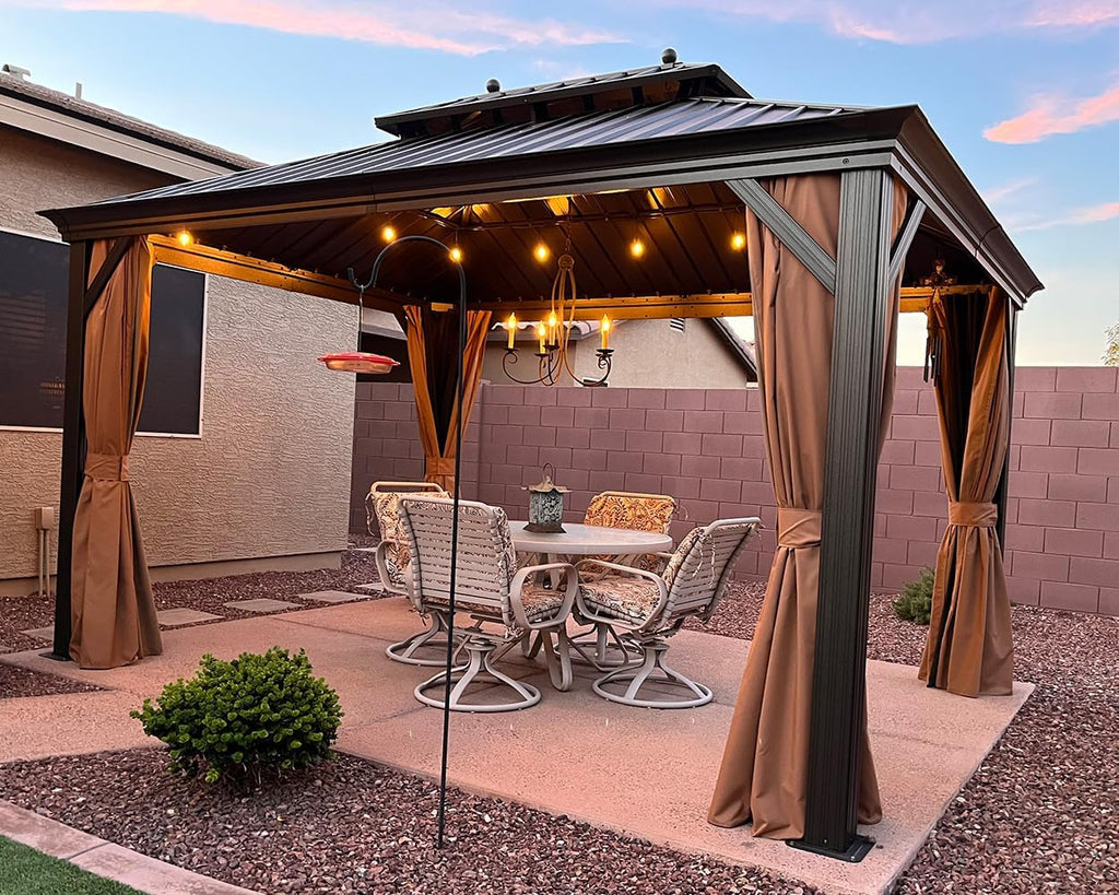 PURPLE LEAF Hardtop Gazebo 10' X 13' Outdoor Pavilion Metal Roof with Netting and Curtains Backyard Deck Garden Outside Permanent Heavy Duty Patio Aluminum Canopy