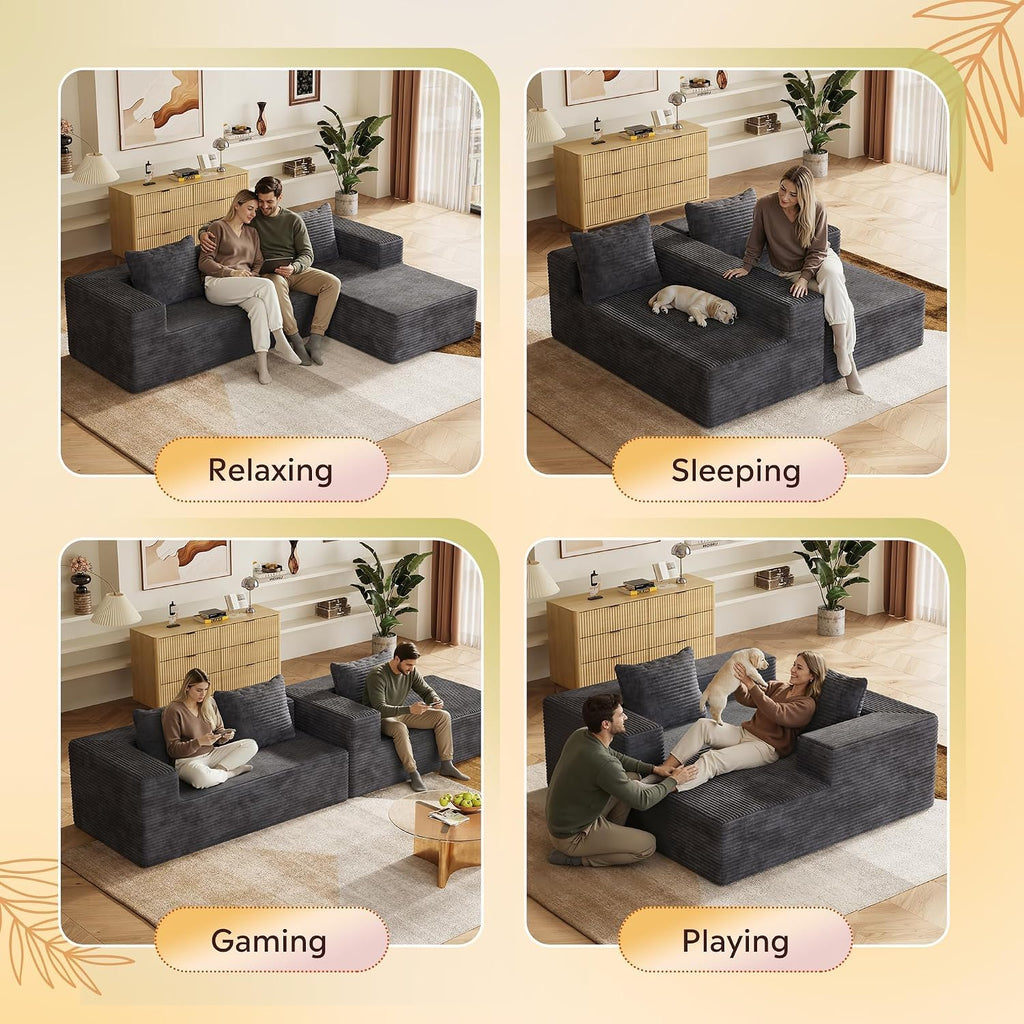 WLIVE 104'' Cloud Sectional Couches for Living Room, Modular Boneless Couch with Left Facing Chaise, L Shape Memory Foam Corduroy, with Cushion, Grey