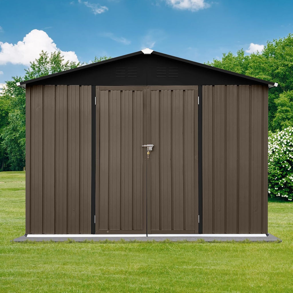 8 x 6 FT Metal Storage Shed, Outdoor Storage Shed with Lockable Door & Apex Roof, Hinged Door for Garden, Backyard, Lawn, and Utility Shelter, Shutter Vents, Weather-Resistant, Brown and Black