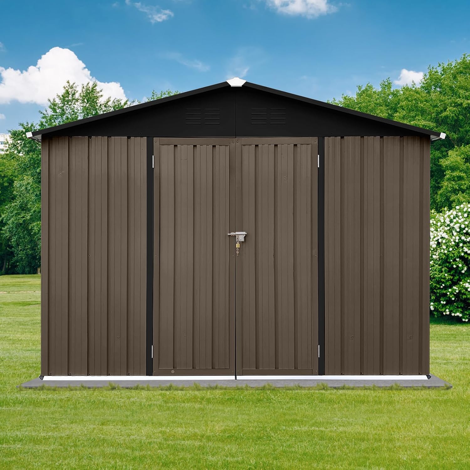 8 x 6 FT Metal Storage Shed, Outdoor Storage Shed with Lockable Door & Apex Roof, Hinged Door for Garden, Backyard, Lawn, and Utility Shelter, Shutter Vents, Weather-Resistant, Brown and Black