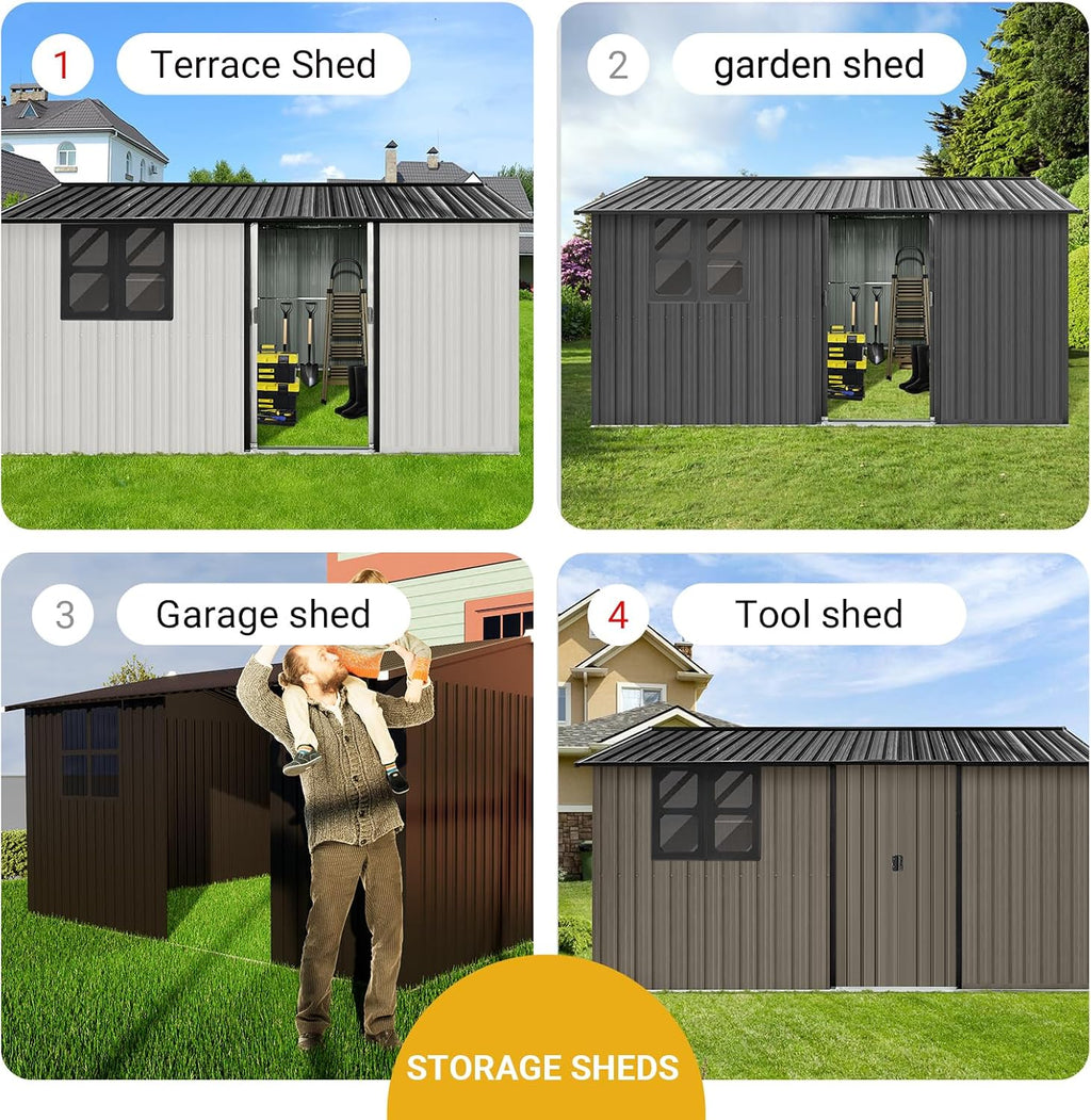 Shed with Windows,Large Metal Outdoor Storage Shed, Lockable Tool Storage shed, Steel Garden shed, Suitable for Backyard, Terrace, and Poolside (Grey, 12FTx10FT)