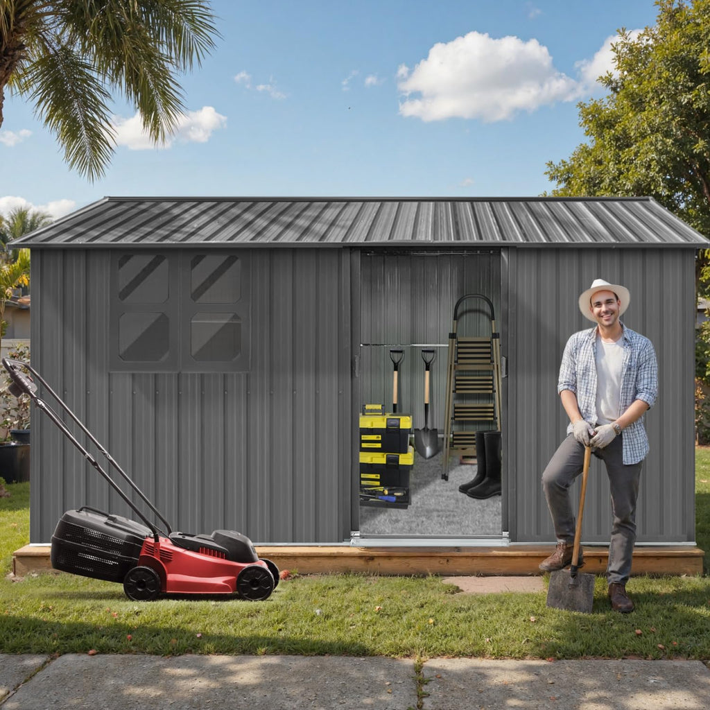LINKHOO 12'x10' Metal Garden Shed，with Window & Sliding Door，Grey