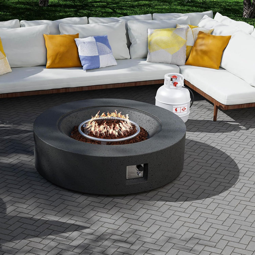 SUNBURY Outdoor Travertine Fire Pit Table, 42 inches Round Propane Gas Patio Fire Pit 50,000 BTU Concrete, Circular Base Firepit with Lava Rocks, Waterproof Cover (Grey)