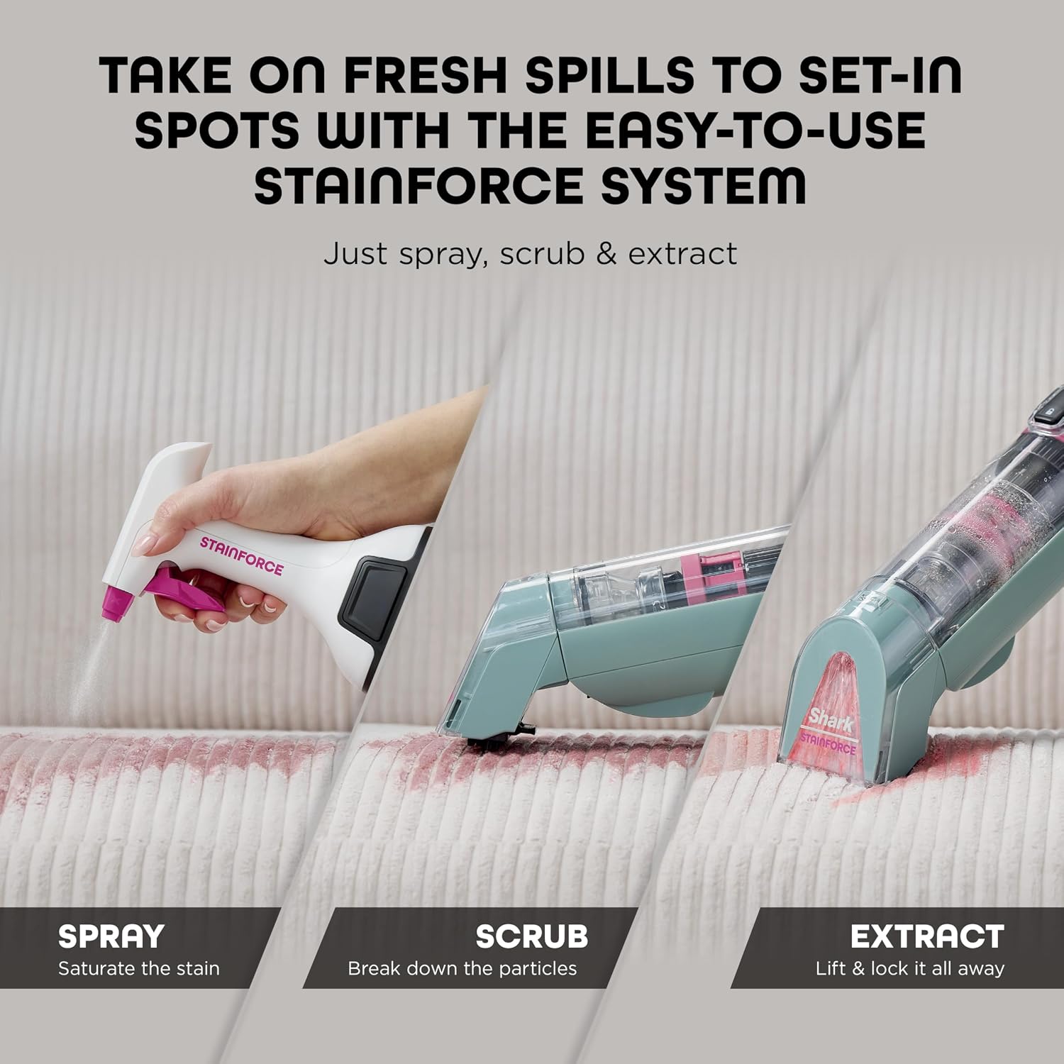 Shark StainForce Cordless Portable Spot, Stain, & Odor Remover System for Carpets, Area Rugs, Upholstery, Stairs, with Storage Caddy, Accessories, and Full-Size Cleaning Solution, Sage Green, HX101