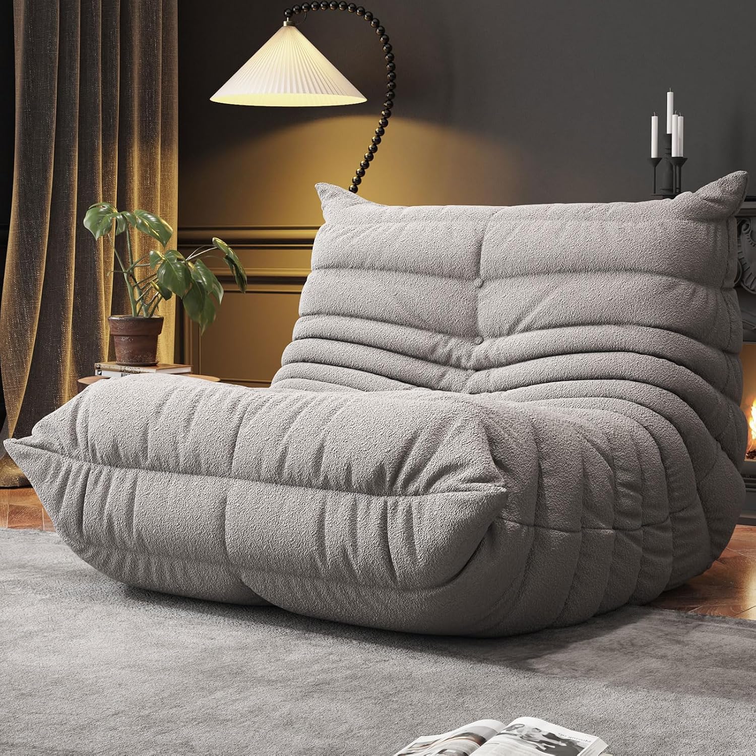 WHGBJA Memory Foam Bean Bag Chair for Adults, Teddy Material Beanbag Sofa with Filler, Cozy Floor Lounge Seat for Living Room, Bedroom, Dorm, Office (Grey)