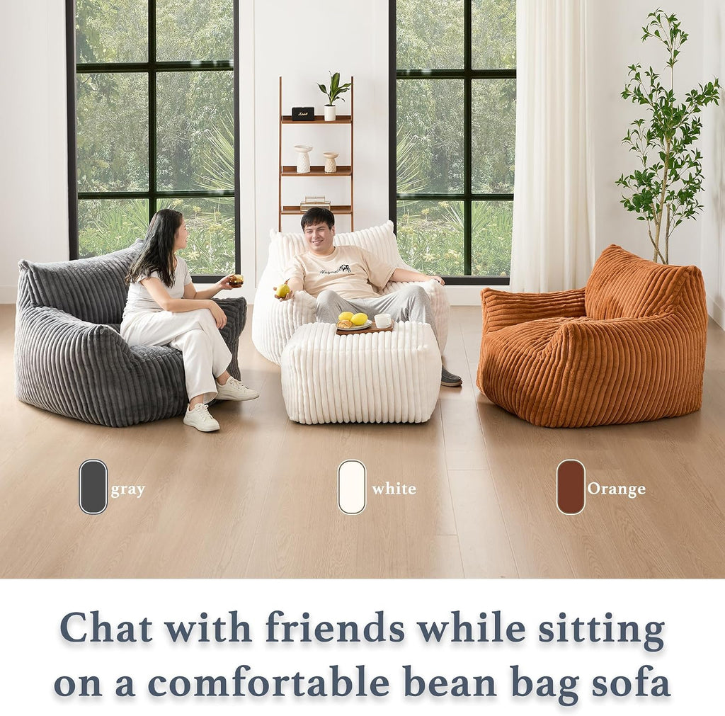 Gericco Oversized Bean Bag Chaise Lounge Chair Indoor for Adults with Armrests & Ottoman - Giant Comfy Khaki Beanbag Floor Sofa Cloud Accent Chair for Reading, Gaming, Cozy Plush Cloud Mini Couch