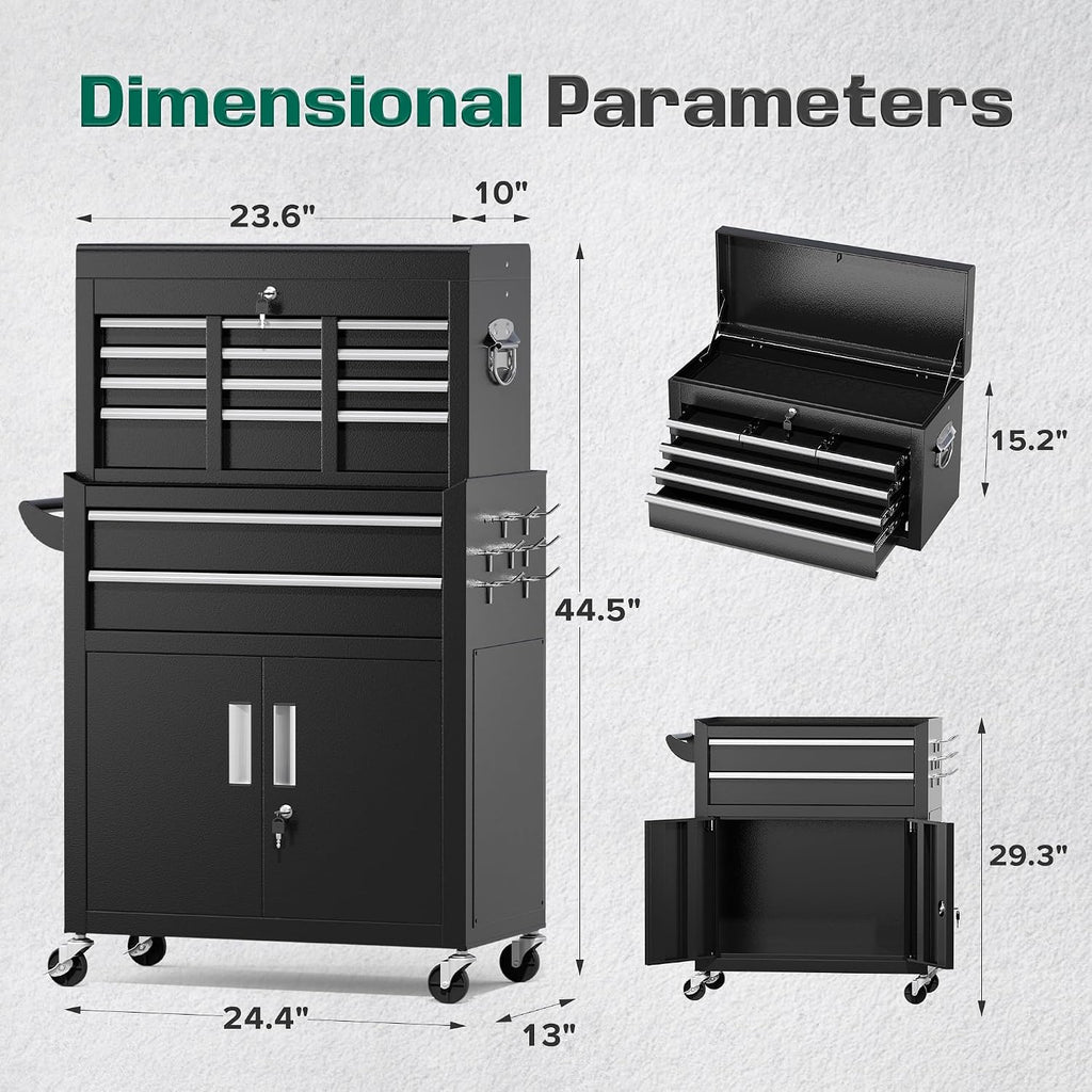 Greenvelly Metal Tool Chest,8-Drawer Rolling Tool Cart with Wheels,2 in 1 Detachable Tool Cabinets,Tool Box,Liners and Locking System for Garage,Warehouse,Workshop, Barbershop(Black)