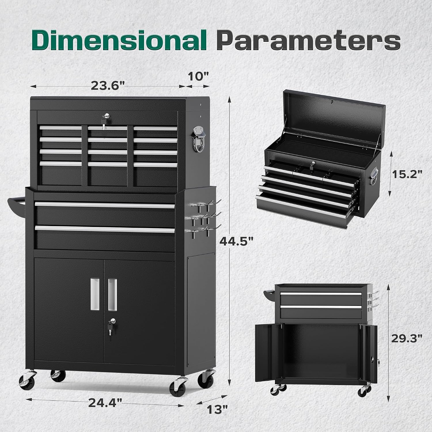 Greenvelly Metal Tool Chest,8-Drawer Rolling Tool Cart with Wheels,2 in 1 Detachable Tool Cabinets,Tool Box,Liners and Locking System for Garage,Warehouse,Workshop, Barbershop(Black)