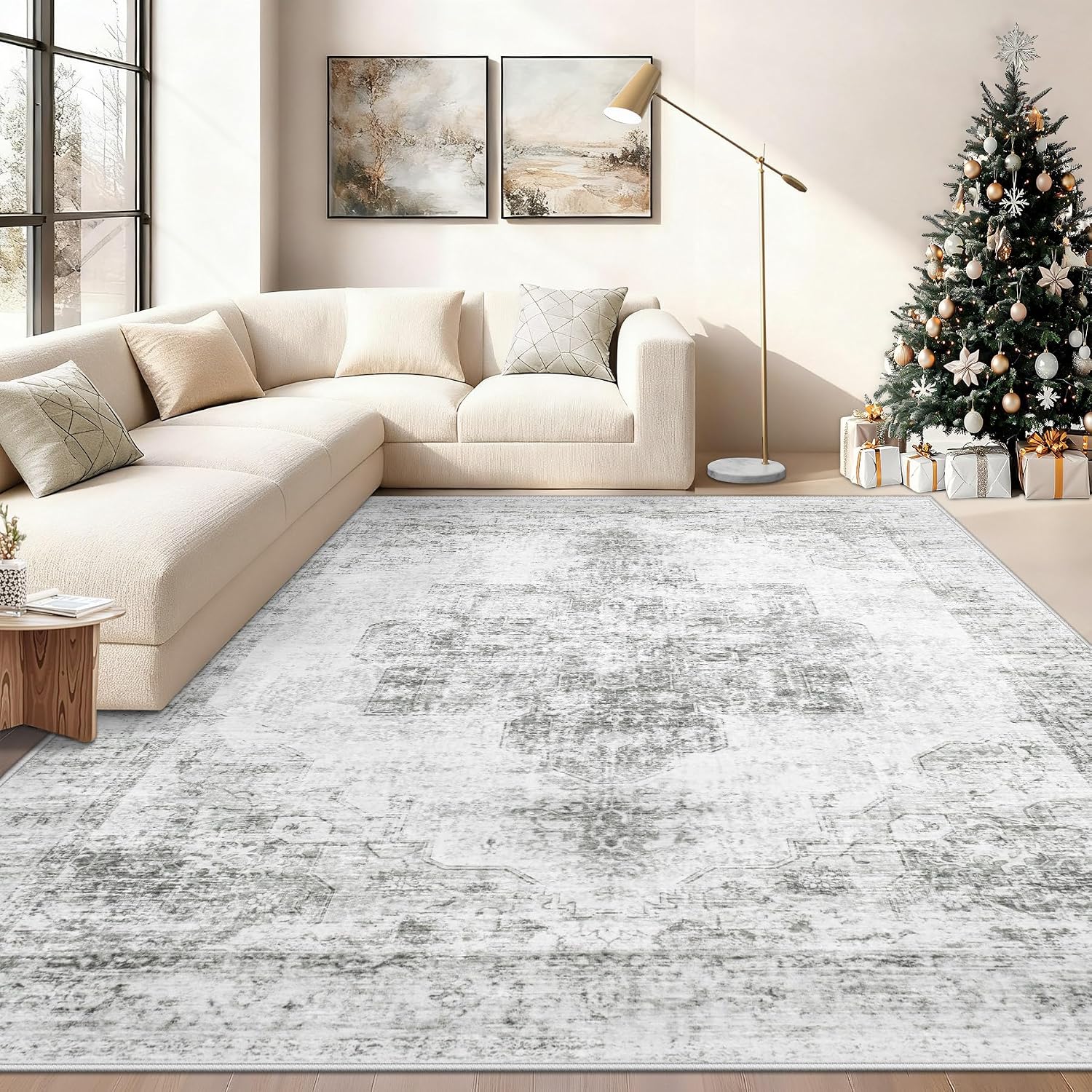 9x12 Area Rug for Living Room, Washable Vintage Boho Medallion Rugs Soft Non Slip Large Area Rug Stain Resistant Indoor Retro Carpet for Bedroom Nursery Kids Dining Room Home Office(Grey, 9'x12')