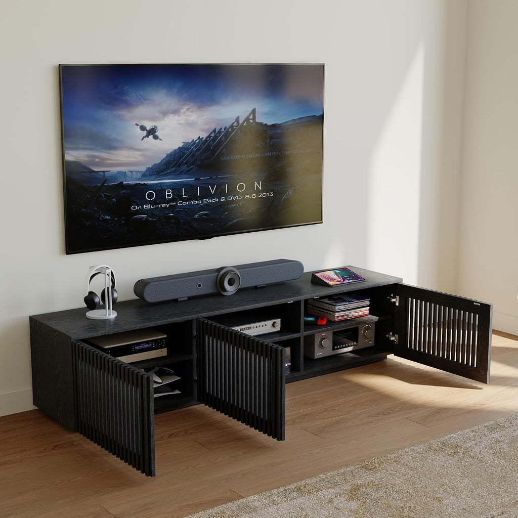 POVISON Mid Century Modern Wood Slatted TV Stand with LED Lights, Media Console for 70+ Inch TV, Entertainment Center with Storage Cabinet for Living Room, Fully-Assembled (Black, 70.87')