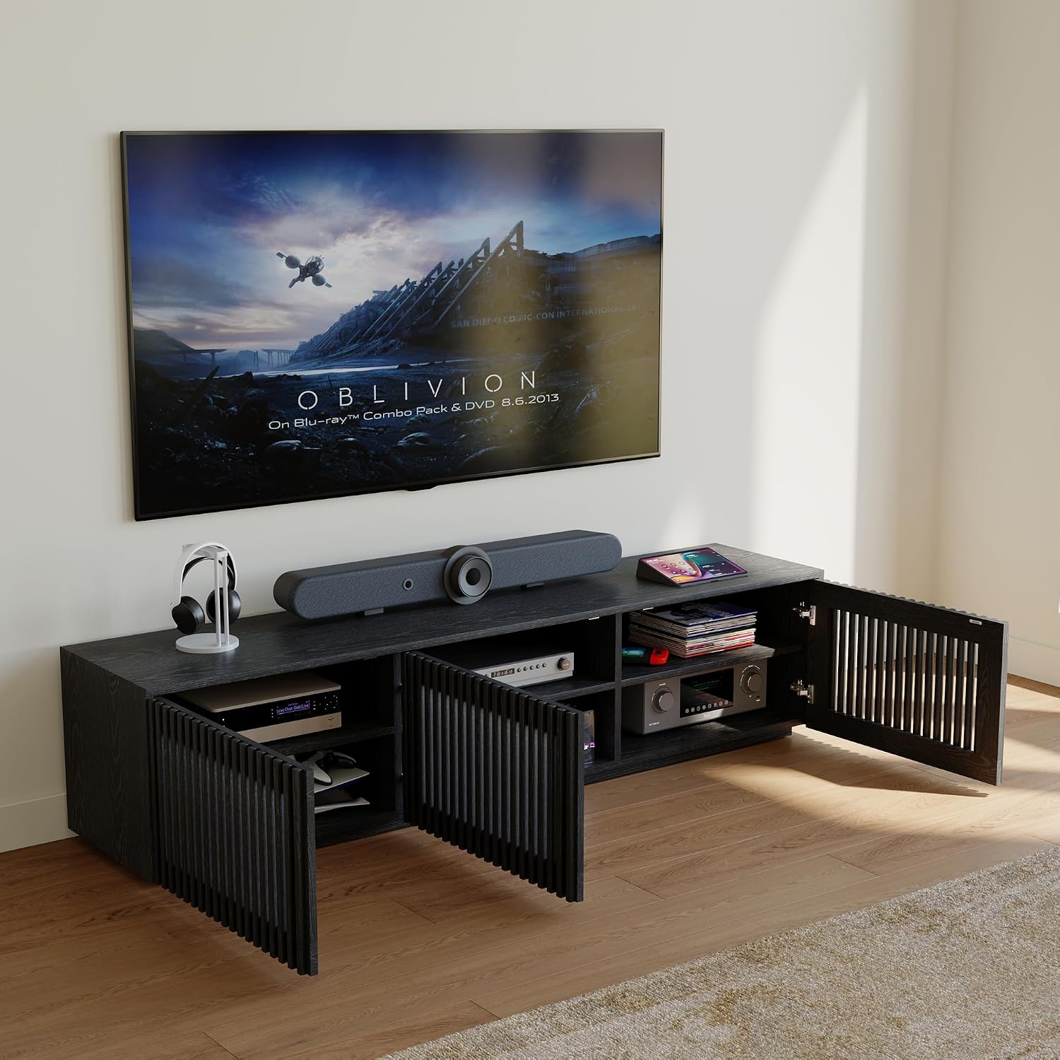 POVISON Mid Century Modern Wood Slatted TV Stand with LED Lights, Media Console for 70+ Inch TV, Entertainment Center with Storage Cabinet for Living Room, Fully-Assembled (Black, 70.87')