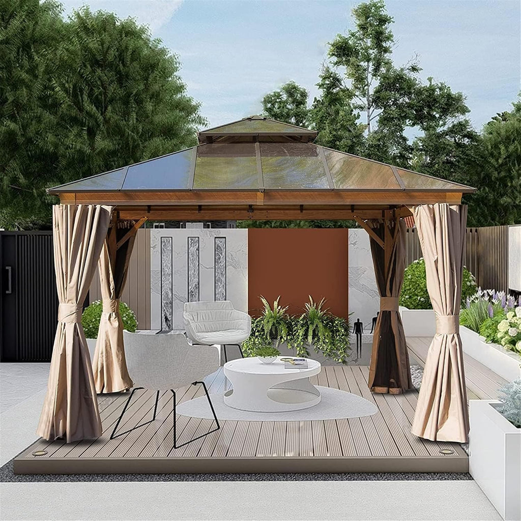 12x12Ft Hardtop Gazebo Wood-Looking Aluminum Frame Patio Gazebos with Polycarbonate Double Roof Permanent Gazebo Pavilion with Curtain and Netting for Garden Patio Lawns Deck Backyard