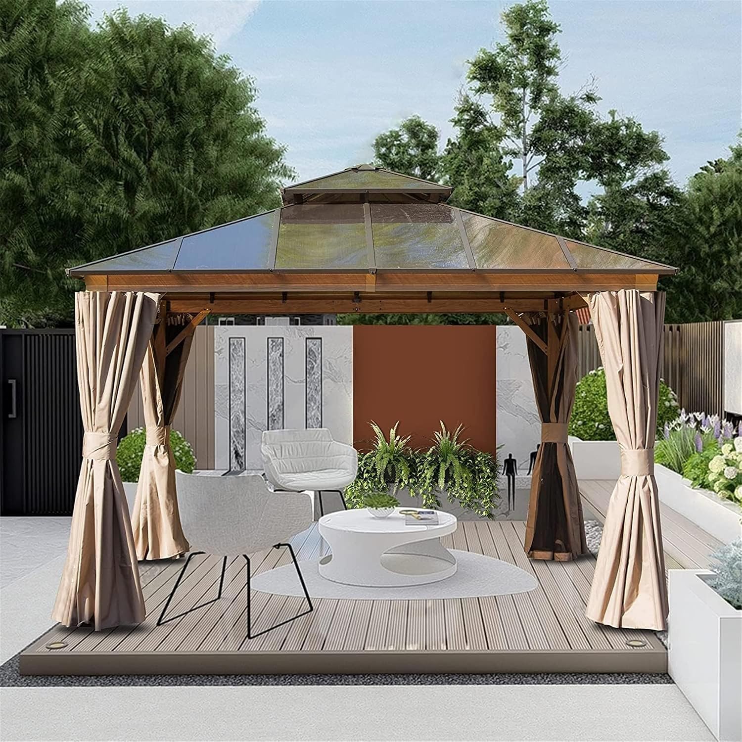 12x12Ft Hardtop Gazebo Wood-Looking Aluminum Frame Patio Gazebos with Polycarbonate Double Roof Permanent Gazebo Pavilion with Curtain and Netting for Garden Patio Lawns Deck Backyard