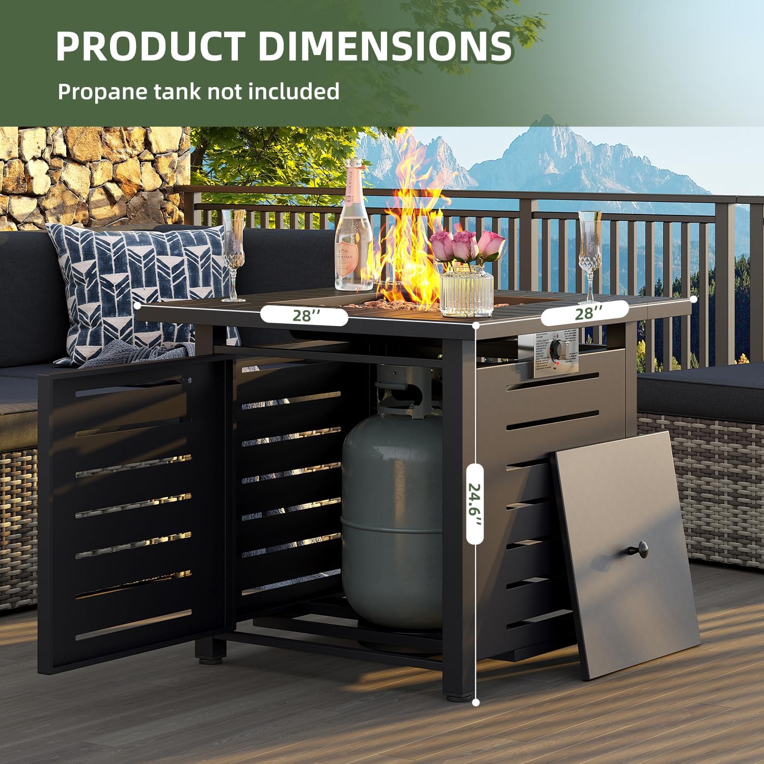 Aoxun 28 Inch Propane Fire Pit – 50,000 BTU Square Outdoor Gas Fire Pit Table for Outside, 2 in 1 Fire Table with Lava Rocks & Lid for Backyard, Patio, Deck, Garden