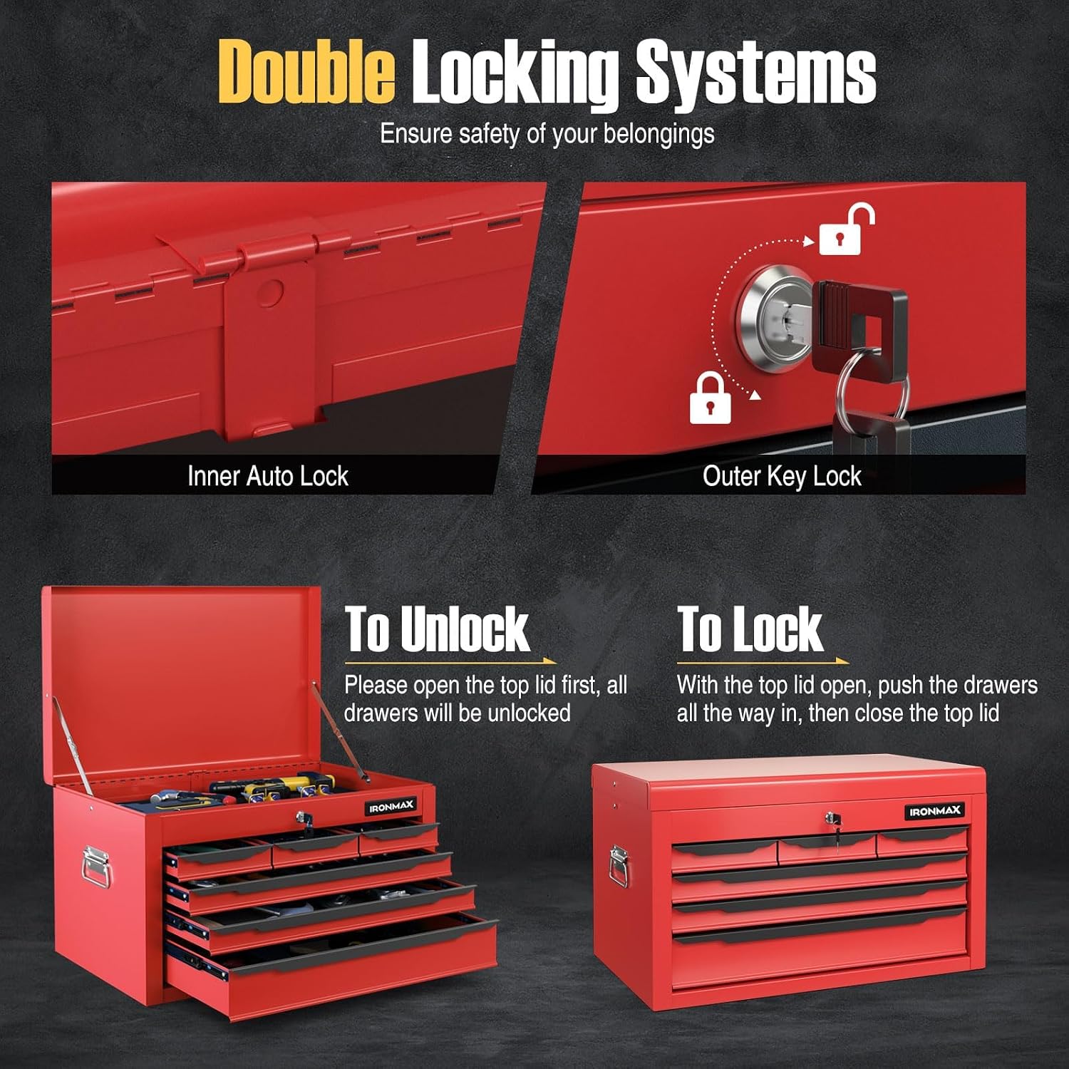 ERGOMASTER Steel Tool Box, 24'' Metal Tool Box with 6 Drawers, Lockable Heavy Duty Tool Chest Cabinet Storage Toolbox for Garage, Workshop, Repair Shop (Red-6 Drawers)
