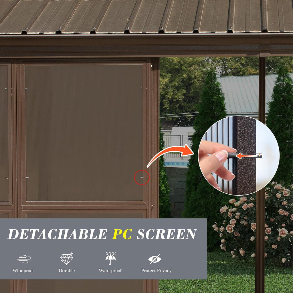 Domi 10x14FT Sunroom, Wall Mounted Sunroom Kit with Galvanized Steel Sloping Roof, Outdoor Sunroom Gazebo with Detachable PC Screen, 3 Sliding Double Doors, Lean to Sun Room for Patio, Deck
