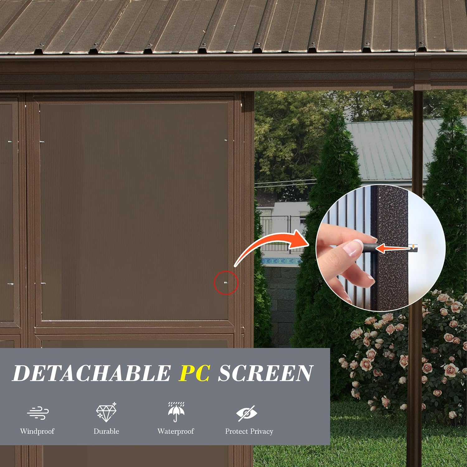 Domi 10x14FT Sunroom, Wall Mounted Sunroom Kit with Galvanized Steel Sloping Roof, Outdoor Sunroom Gazebo with Detachable PC Screen, 3 Sliding Double Doors, Lean to Sun Room for Patio, Deck