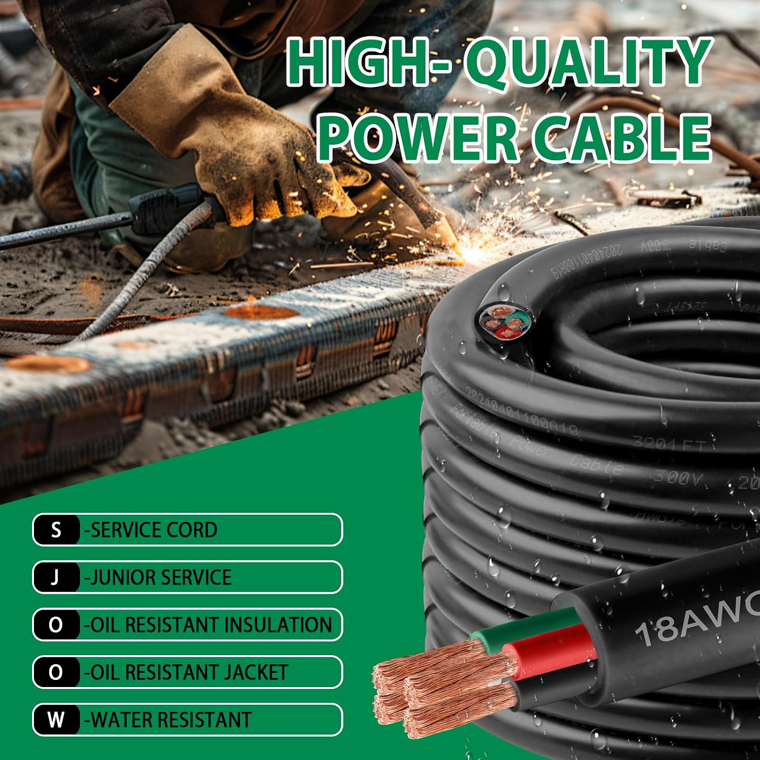 12/4 SJOOW Wire 200FT, 12 AWG 300V SJOOW Bulk Cable, 12 Gauge 4 Conductor Portable Cable for Welder,Generator,Portable Light,Circuits,EV Car Charger,Motor Lead