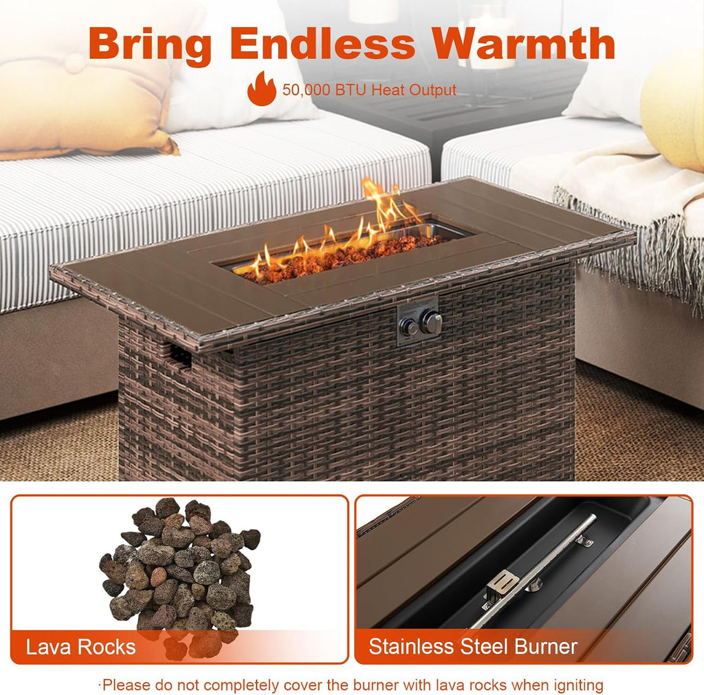 Tangkula 44.5 Inch Propane Fire Pit Table, Outdoor Rattan Gas Firepit with Metal Slatted Tabletop & Stainless Steel Burner, Rectangle Fire Pit with Lava Rocks & Protective Cover for Outside Patio