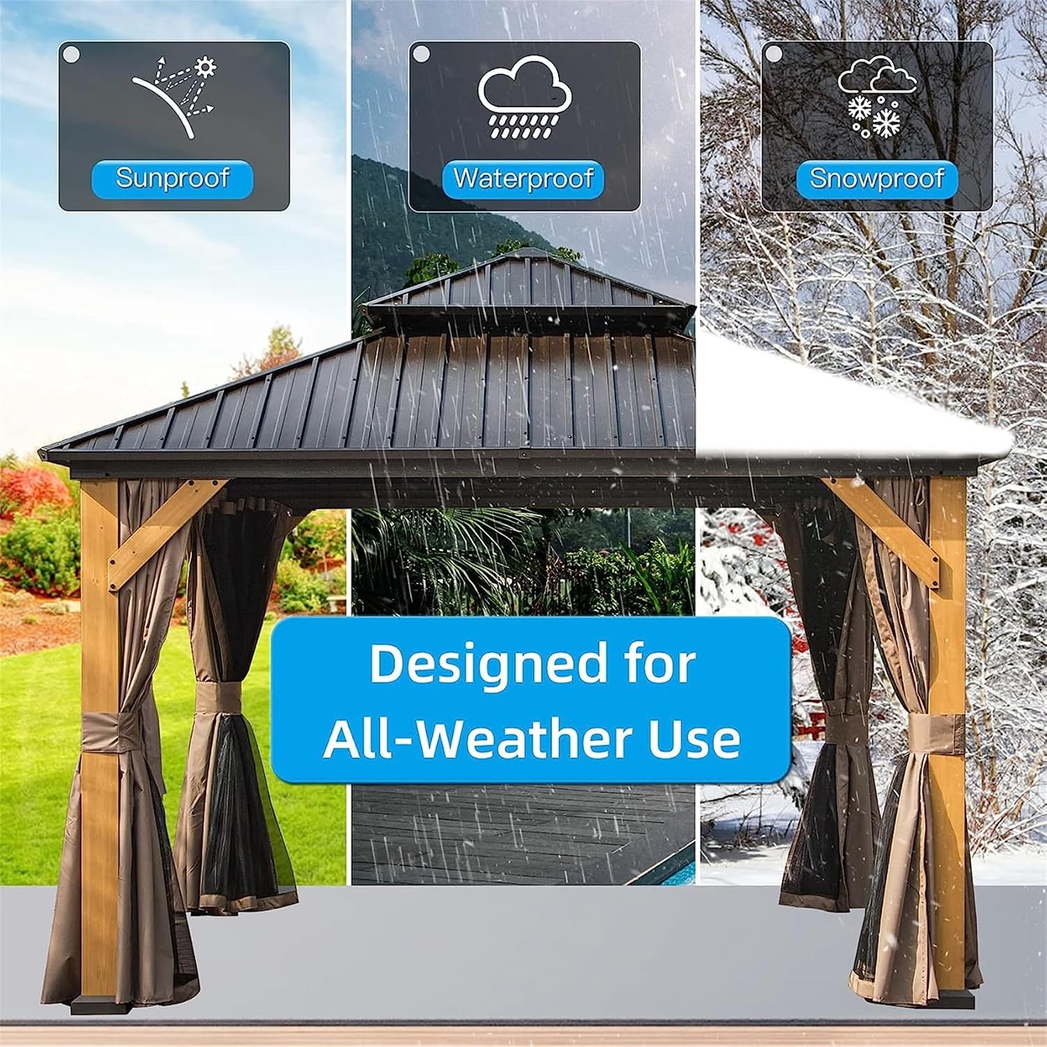 12'x12' Hardtop Gazebo with Cedar Wood Frame, Outdoor Wood Gazebo with Galvanized Steel Double Roof, Permanent Metal Roof Gazebo with Curtains and Netting for Patio, Backyard and Lawn(Brown)