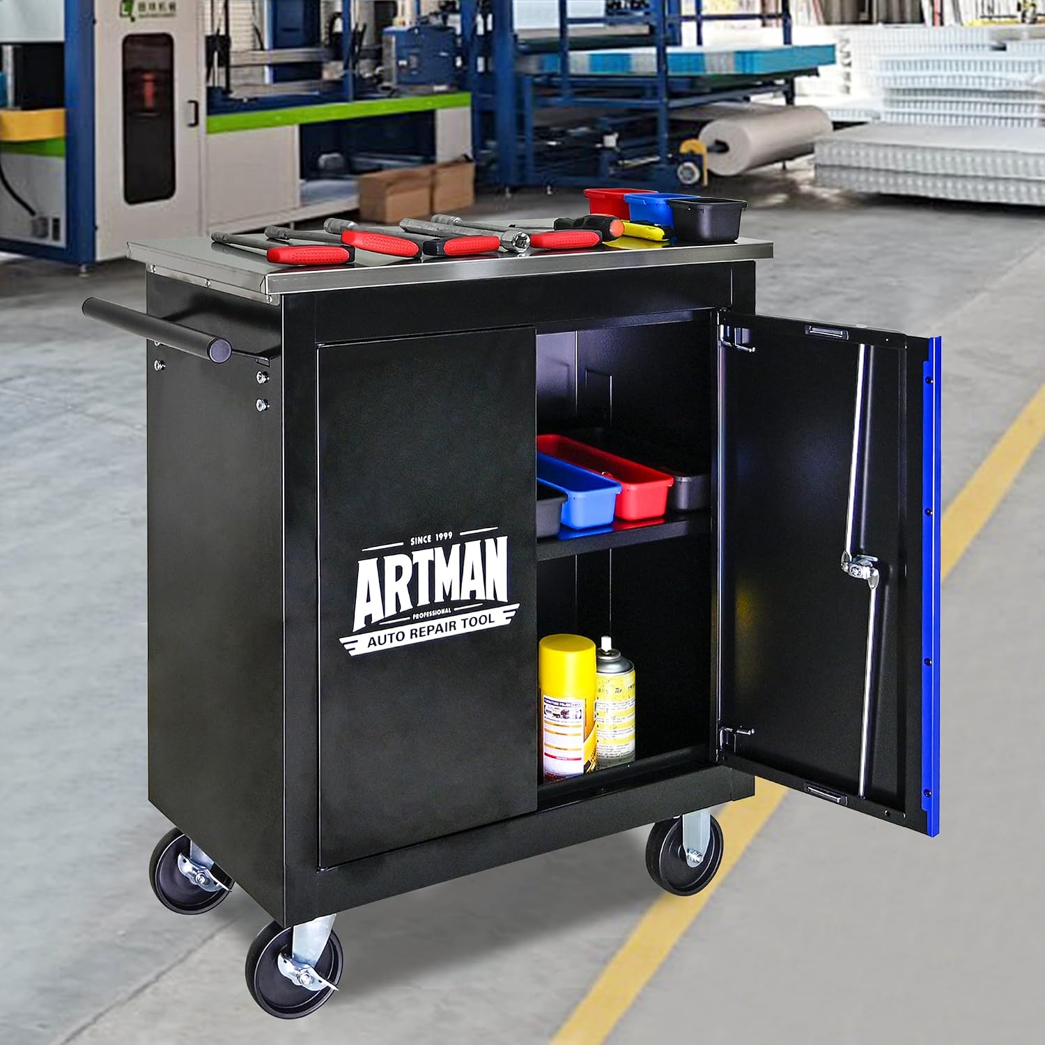 1 Cabinet Tool Cart on Wheels with Stainless Steel Worktop, Heavy Duty Mobile Rolling Drawer Tool Chest with Secure Locking System & Locking Wheels for Garage,Warehouse,Workshop (Black&Blue)