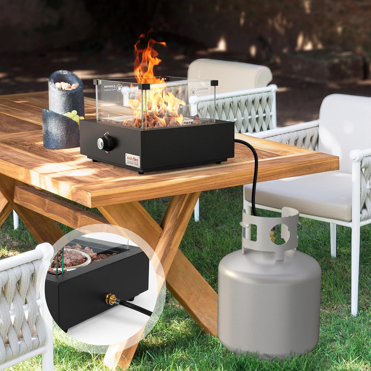 15.7' Portable Propane Gas Fire Pit Side-Mounted, Modern Tabletop Fireplace Smokeless Firepit with Glass Wind Guard for Patio Camping RV Tailgating, 23000BTU, Squre FP040