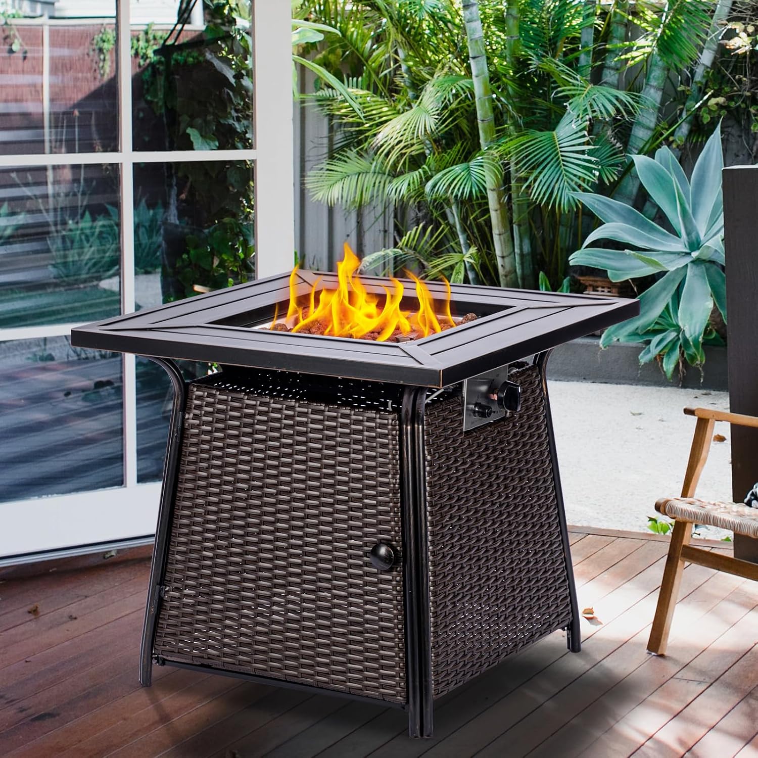 OutVue 28 inch Wicker Propane Fire Pit Table,Gas Fire Pits Table for Outside,50000 BTU Propane Firepit with Lid &Lava Rocks,Gas Firepit for Garden,Yard (Brown Rattan)