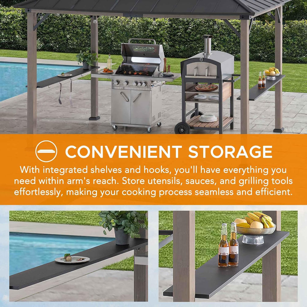 Sunjoy Wooden Grill Gazebo, 8 x 12 ft. Steel Hardtop Gazebo with Solar Power for Year-Round Grilling - 2 Full Size Grills, Griddles or Smokers - Outdoor Cooking Shelter for Backyard BBQs Party, Black