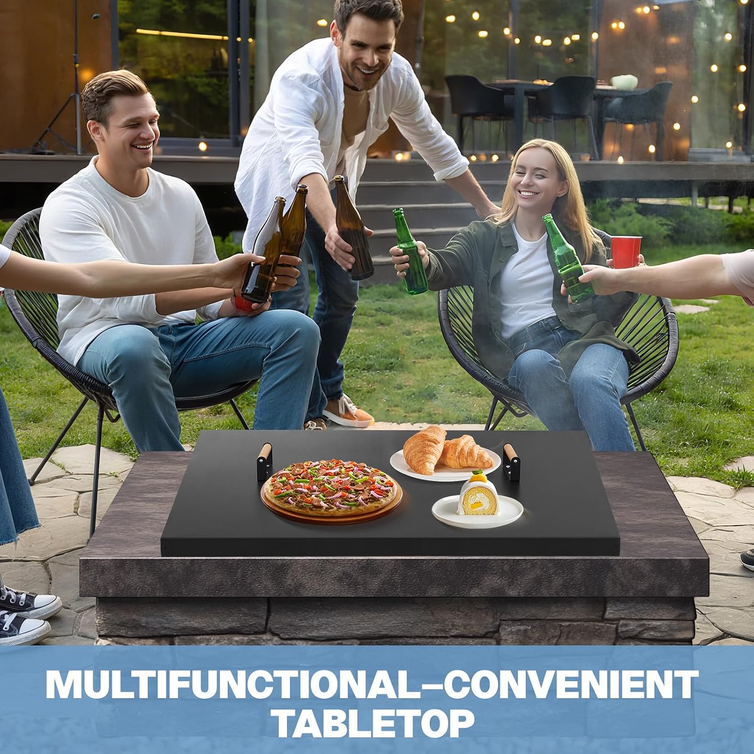 Fire Pit Lid Square 34', Heat Resistant Metal Firepit Cover with 2 Wooden Handles for Square Patio Fire Pit, Compatible for Firepits Inside Dia Up to 32'