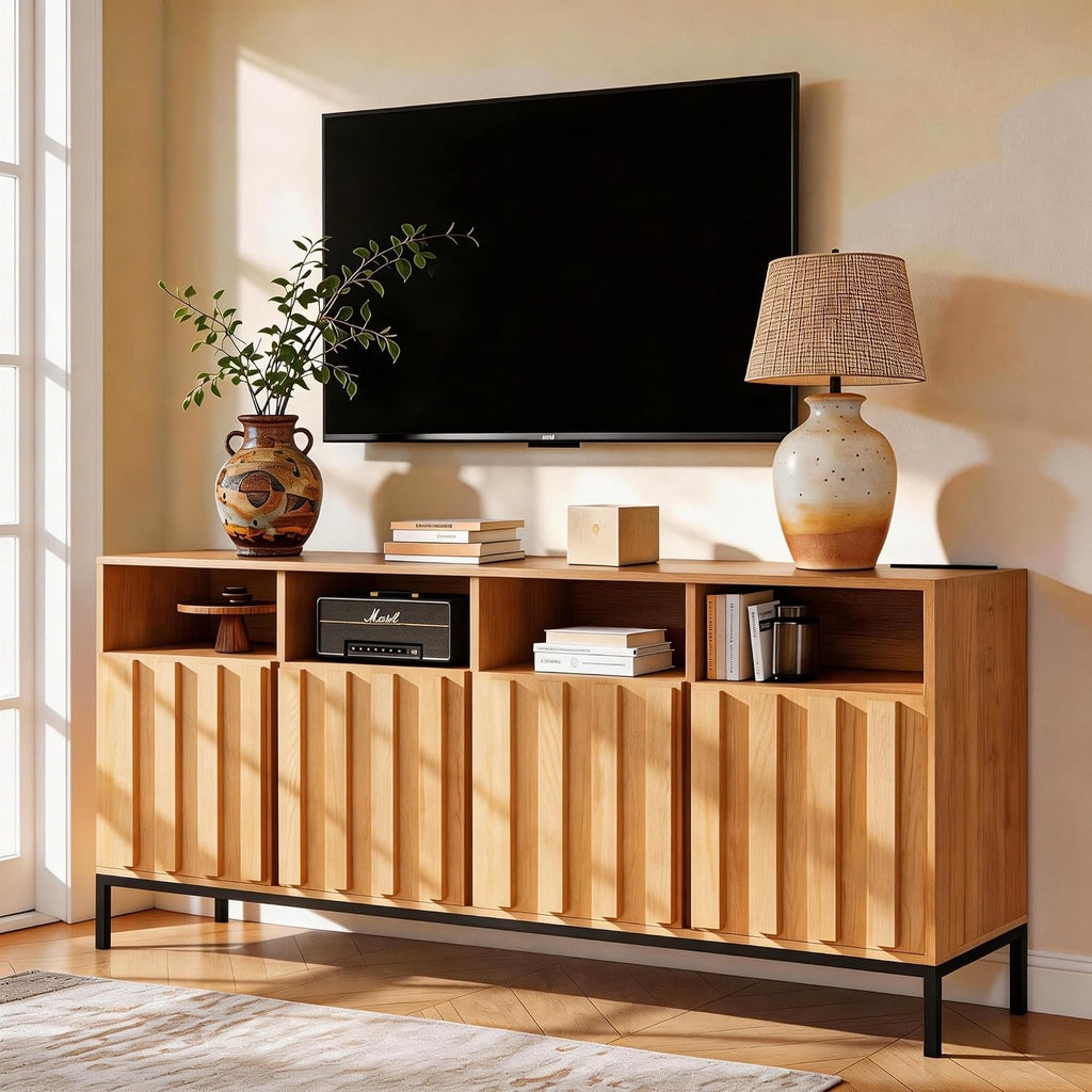 COCO DESIGN 70' Fluted TV Stand with Power Outlet for TVs up to 80', Modern Entertainment Center with Adjustable Shelves, Media Console Table with Storage for Living Room, Oak