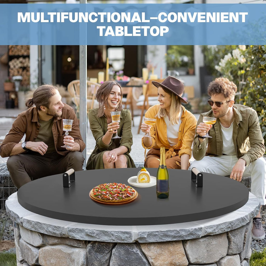 Fire Pit Lid Cover Round - 38' Rust Resistant Powder Coated Steel Firepit Cover or Table with 2 Wooden Handles for Patio Fire Pit, Weatherproof for All Seasons, Fits Fire Pits Up to 36'