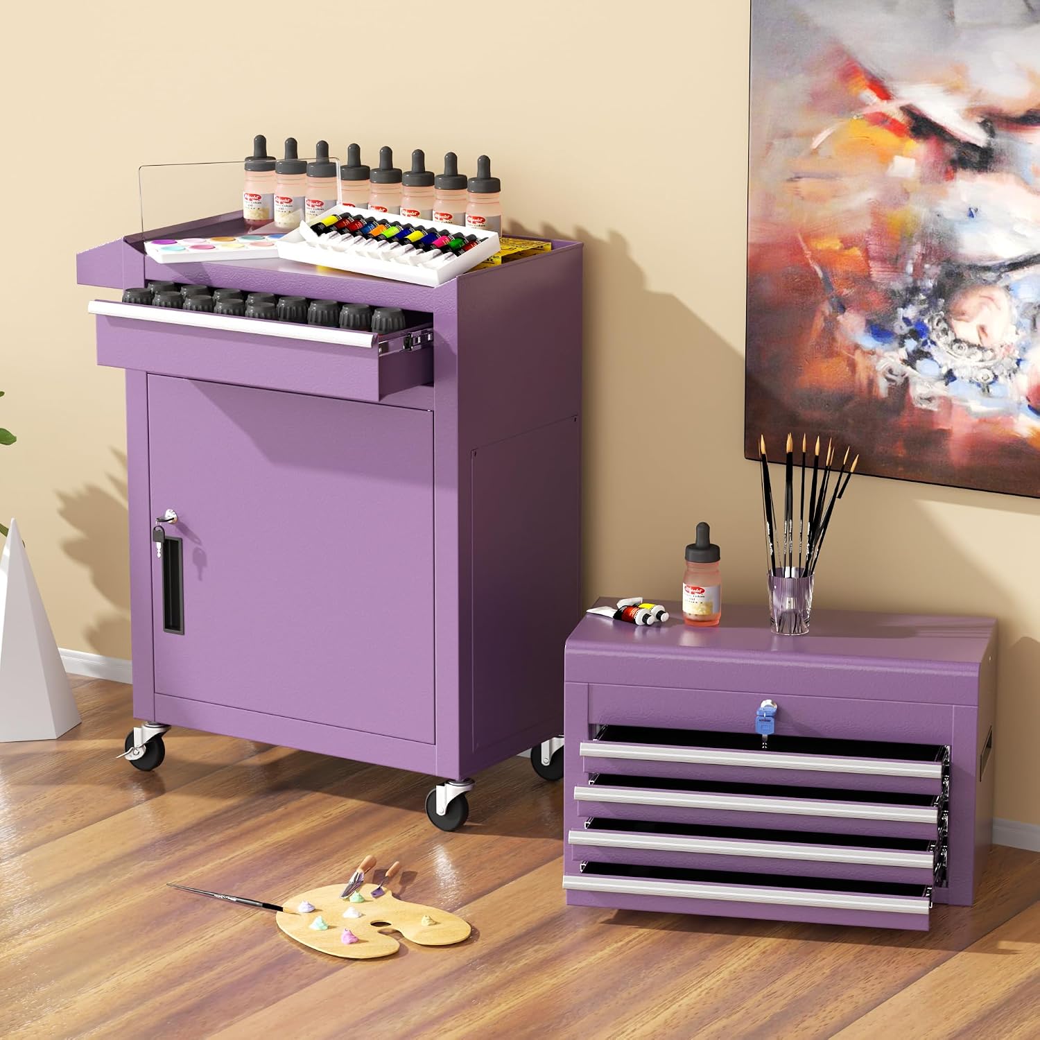 INTERGREAT Purple Tool Chest, 5-Drawer Rolling Storage Cabinet, Detachable Top Tool Box - Lockable Wheels, Garage & Workshop Barbershop Tool Cart