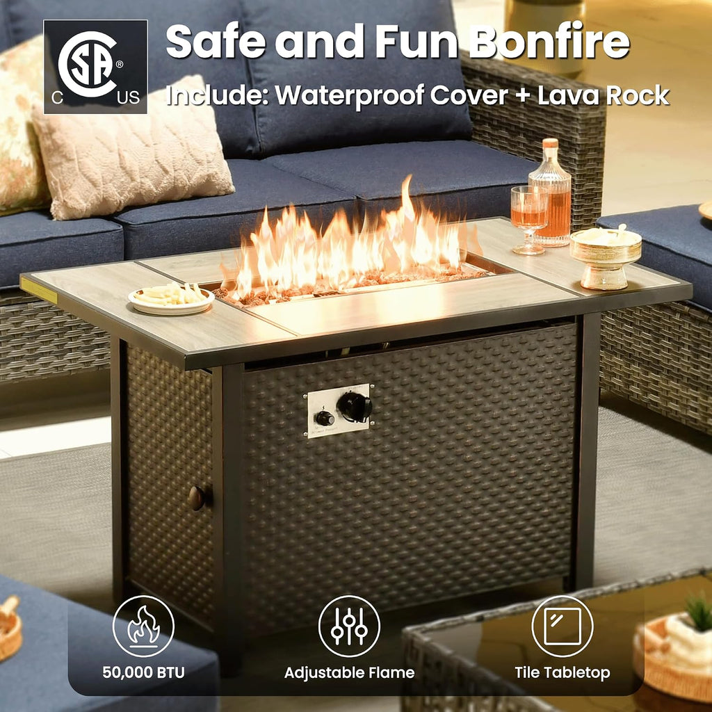 OVIOS 42' Outdoor Propane Fire Pit Table, 50,000 BTU Rectangular Steel Firepits with Ceramic Tabletop, Waterproof Cover, Lid, Lava Rock for Patio Deck Garden, Black