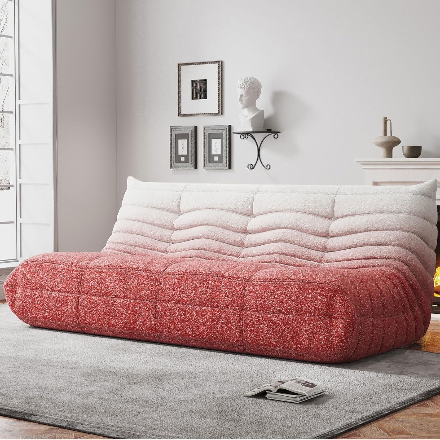 WHGBJA Bean Bag Chairs for Adults, BeanBag Reading Chair Memory Foam Couch 3-Seater, Floor Chair Soft Teddy Material, Comfy Reading Nook Chairs for Bedroom Living Room Office (Pink White)