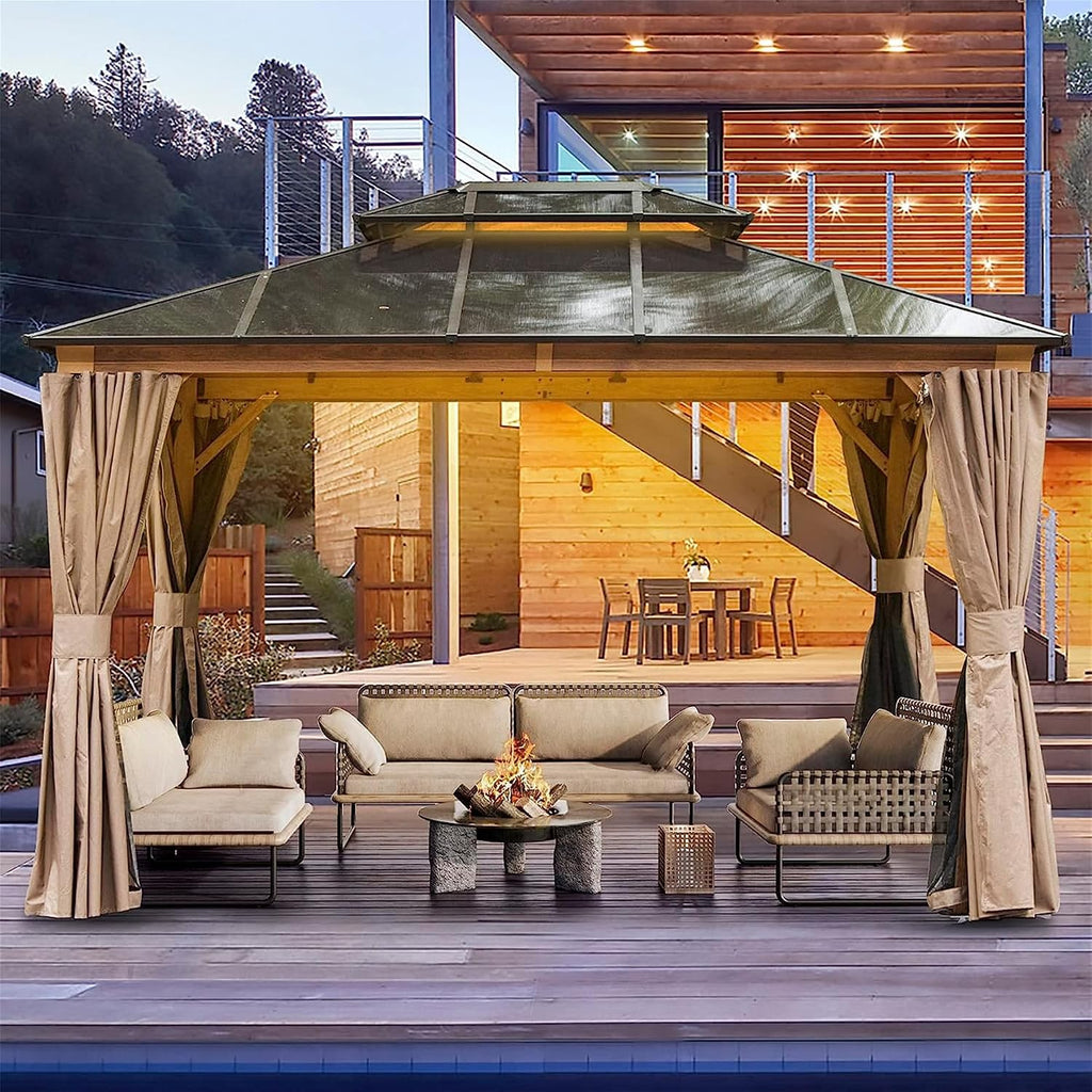 10x12Ft Hardtop Gazebo Wood-Looking Aluminum Frame Patio Gazebos with Polycarbonate Double Roof Permanent Gazebo Pavilion with Curtain and Netting for Garden Patio Lawns Deck Backyard
