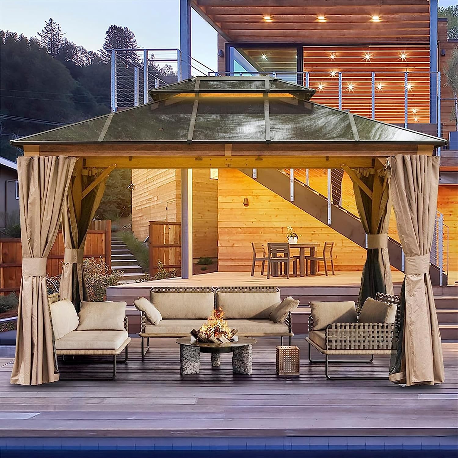 10x12Ft Hardtop Gazebo Wood-Looking Aluminum Frame Patio Gazebos with Polycarbonate Double Roof Permanent Gazebo Pavilion with Curtain and Netting for Garden Patio Lawns Deck Backyard