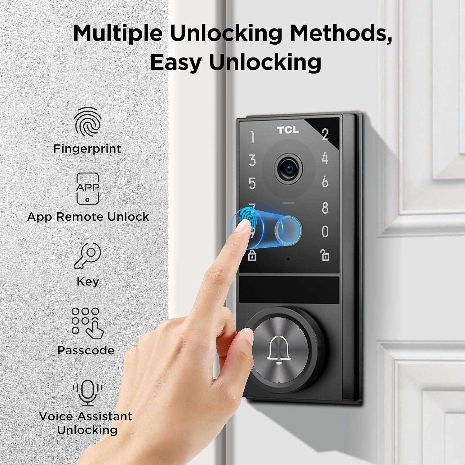 TCL D1 Max Security Video Smart Lock, 3-in-1 2K Camera, Doorbell & Fingerprint Keyless Entry Door Lock, WiFi Smart Door Lock with App Remote Control, PIR Motion Detection, Easy Installation