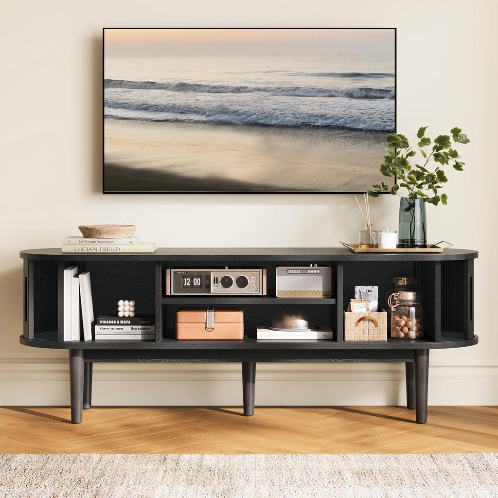 LINSY HOME 58' Fluted TV Stand for TVs up to 65 Inch, Mid Century Modern Entertainment Center with Storage Cabinet and Sliding Doors, Farmhouse Wood Media TV Console for Living Room, Bedroom, Black