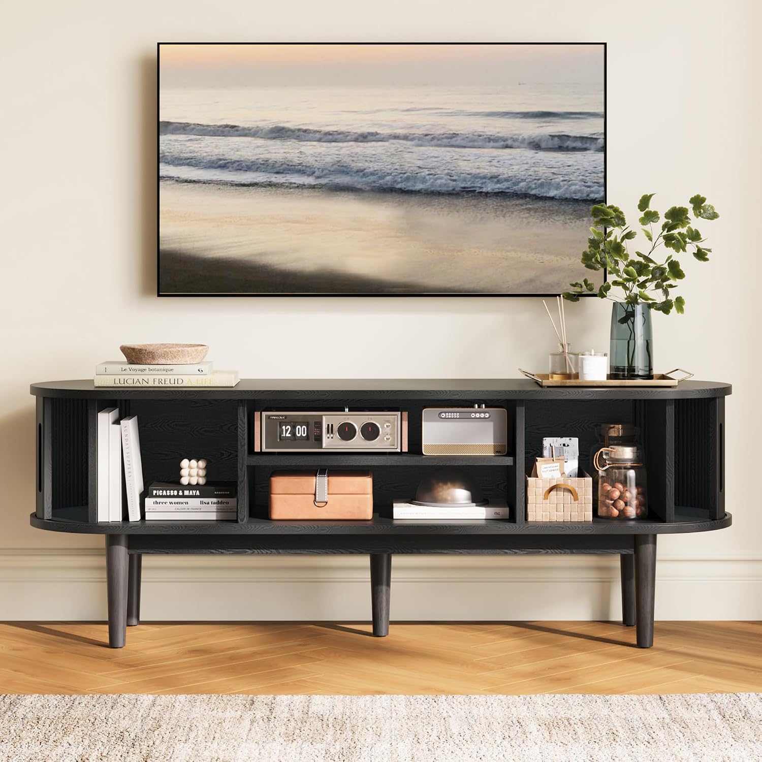 LINSY HOME 58' Fluted TV Stand for TVs up to 65 Inch, Mid Century Modern Entertainment Center with Storage Cabinet and Sliding Doors, Farmhouse Wood Media TV Console for Living Room, Bedroom, Black