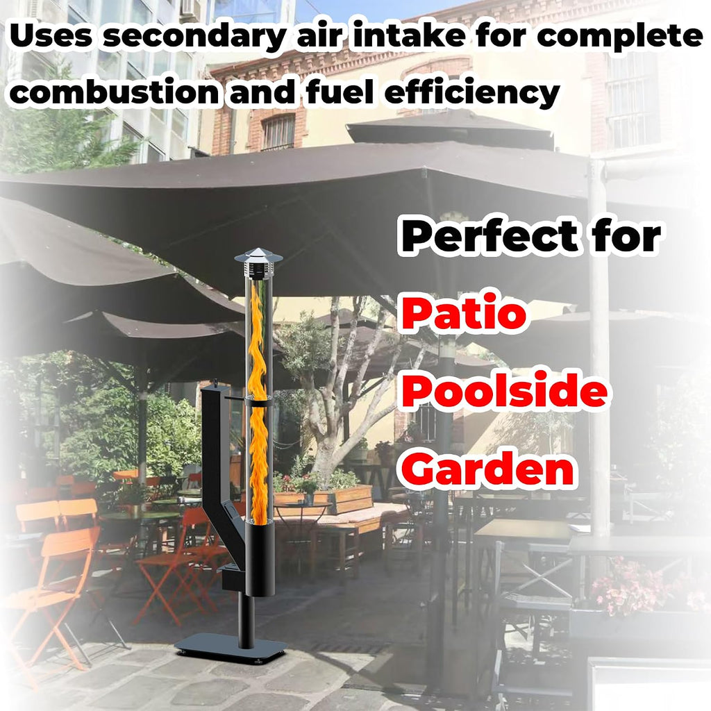 Smokeless Wood Pellet Patio Heater, Spiral Swirling Flame Glass Tube Fire Pit for Patio/Garden/Backyard, Anti-Tip Steel Base with Adjustable Feet, Outdoor Use Only