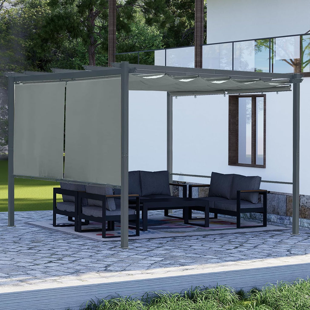 Aoodor 10 x 12 ft Outdoor Pergola with Retractable Shade Canopy, Matte Aluminum Frame, 4 Roller Shade Curtains, Grape Trellis for Patio, Backyard, Garden, and Deck, Grey